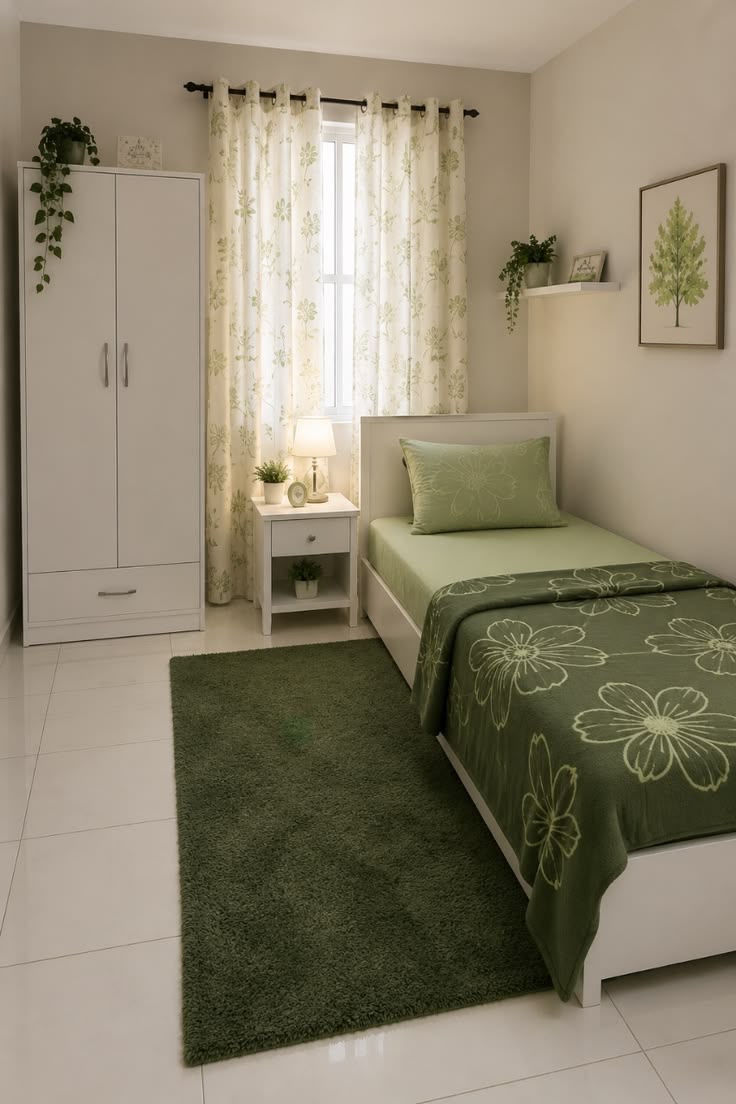 Independent room with wardrobe and floral bedding